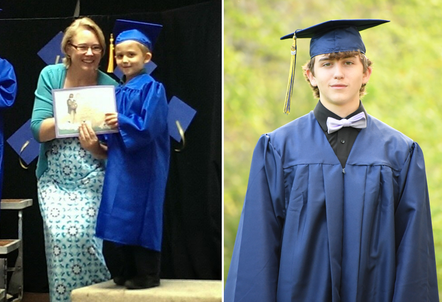 Photo of Ethan graduated from Kindergarten with his mom and from Highschool